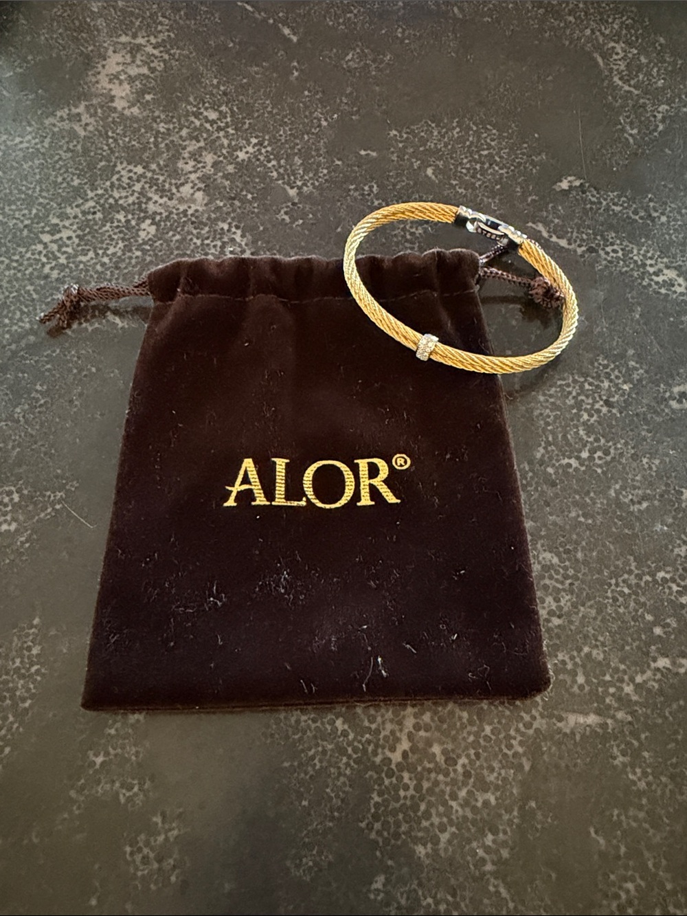 ALOR Simple Stack Cable Bracelet in Gold Tone with Center Diamond Accent